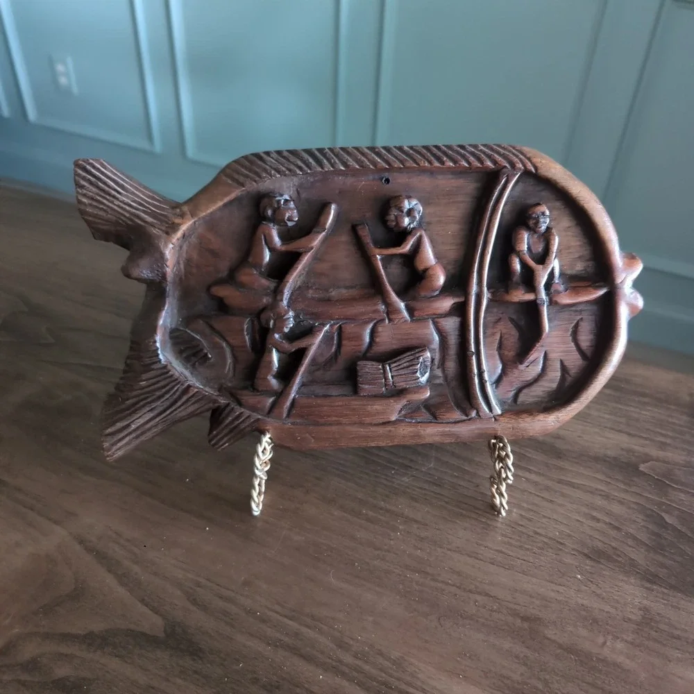 Hand Carved Wood Fishing Scene Wall Art – Primitive Tribal Relief Plaque – Boho